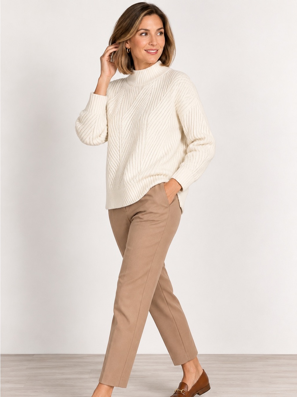 Market & Spruce Ivory Ribbed Mock Neck Chevron Knit Sweater Size M